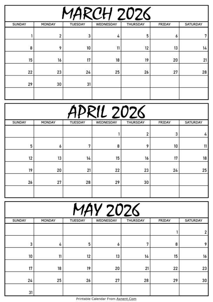 March April and May Calendar 2026