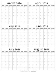 March to August 2026 Calendar