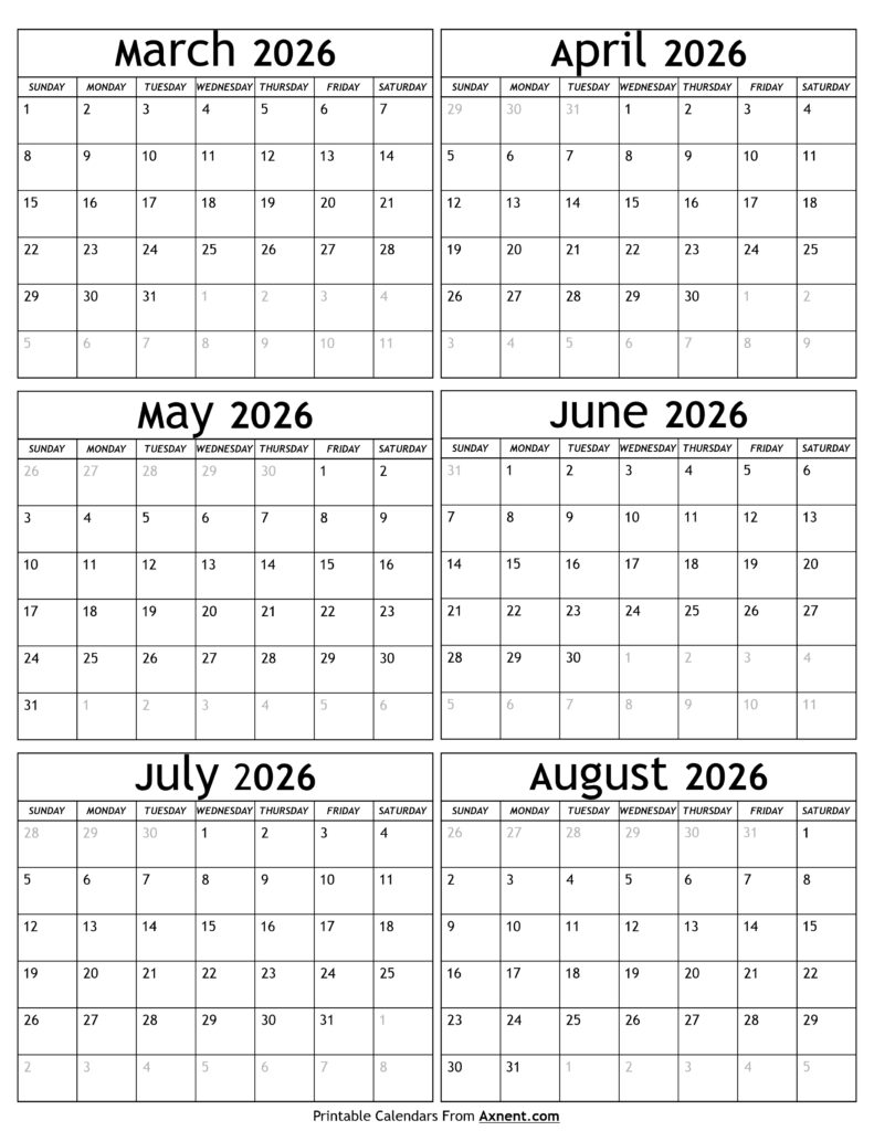 March to August 2026 Calendar