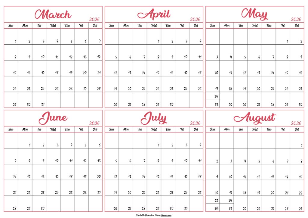 March to August Calendar 2026