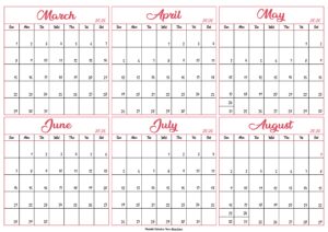 March to August Calendar 2026