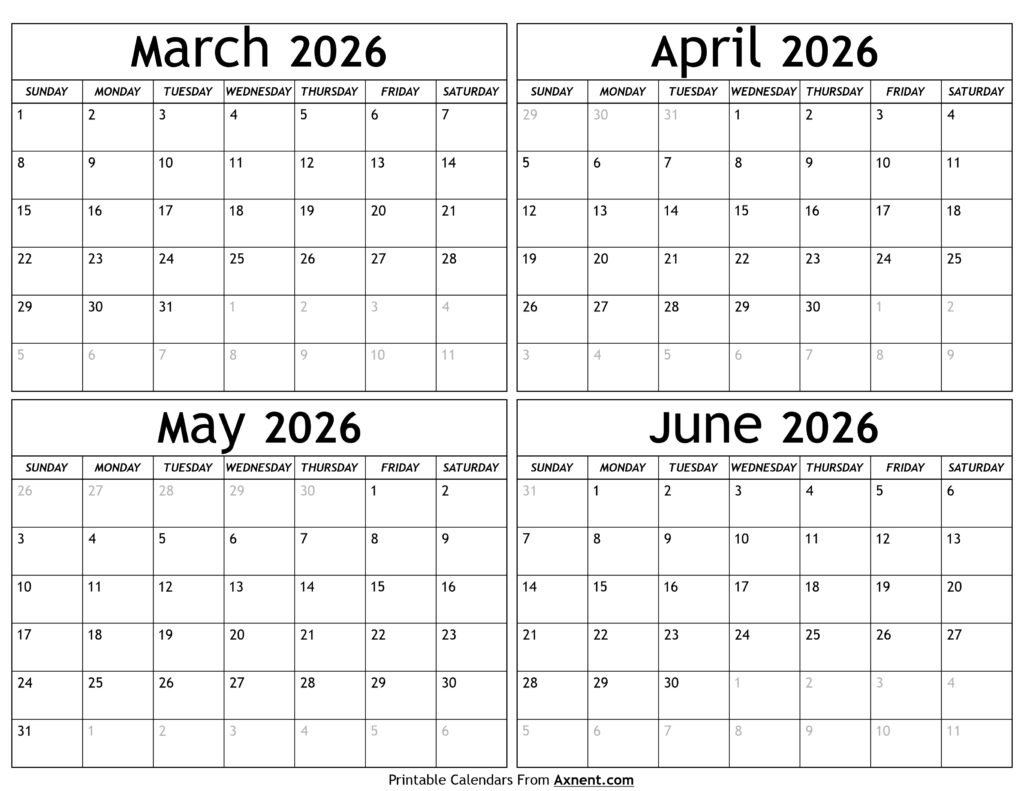 March to June 2026 Calendar