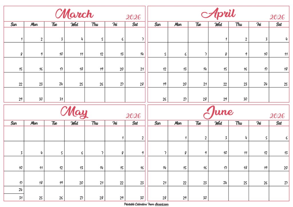 March to June Calendar 2026