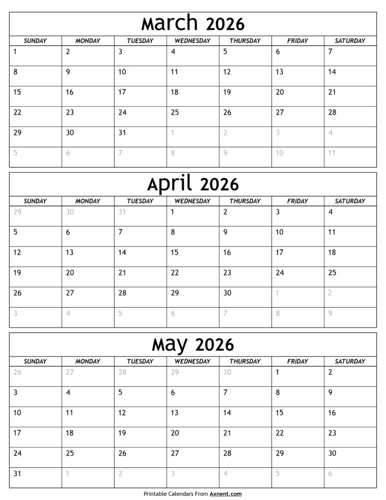 March to May 2026 Calendar