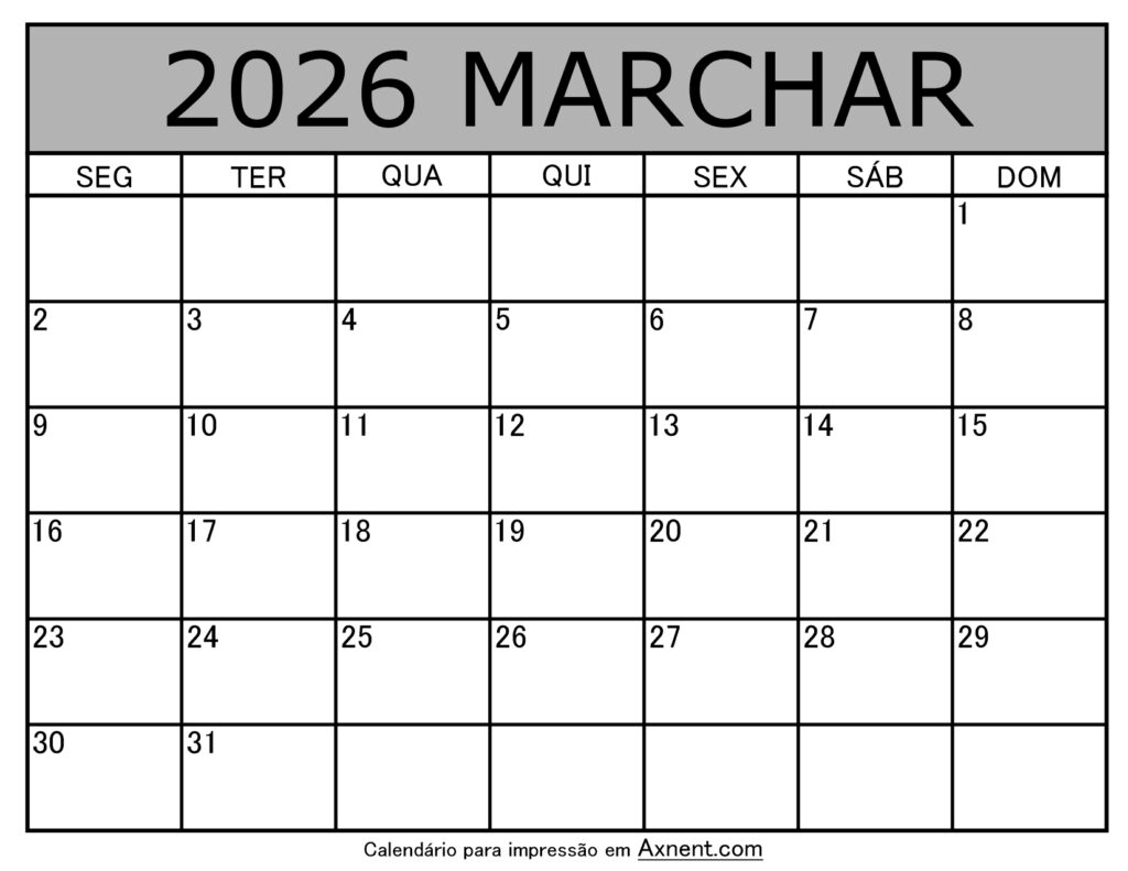 Marchar De 2026 Calendario Imprimível