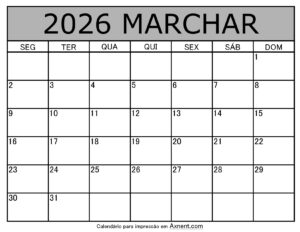 Marchar De 2026 Calendario Imprimível