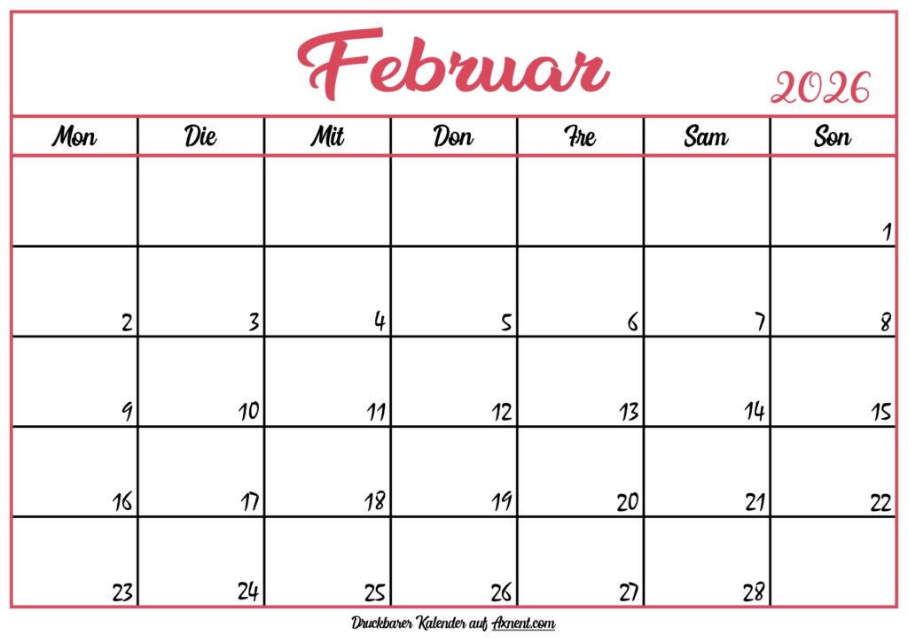 Monatskalender Februar 2026