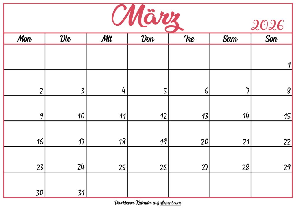 Monatskalender März 2026