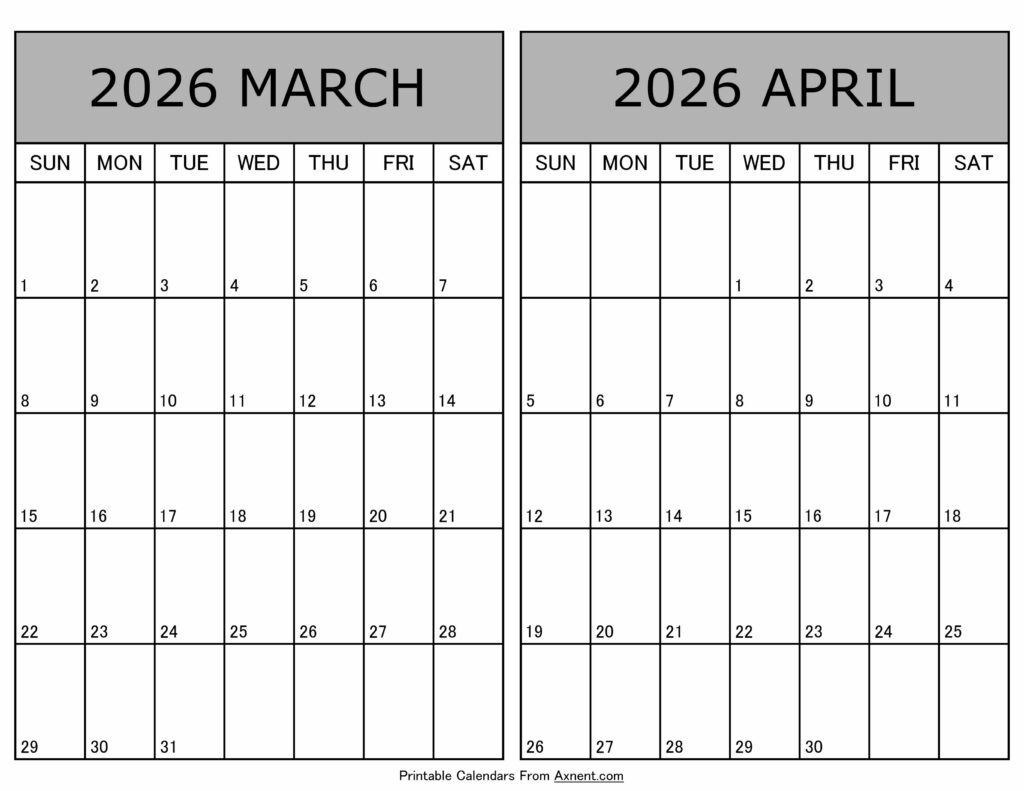 Printable March April 2026 Calendar