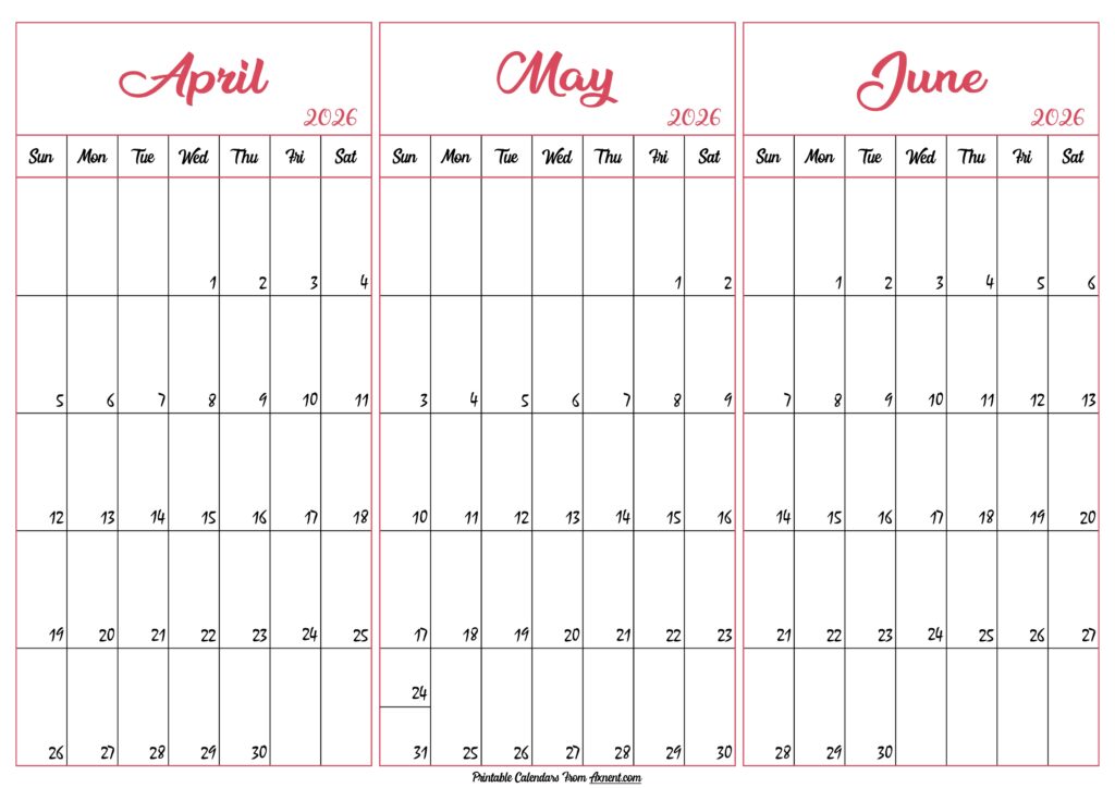 April May June 2026 Calendar
