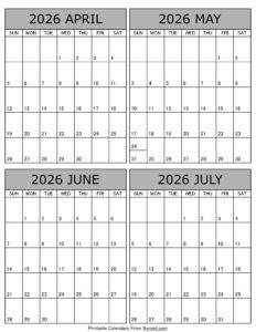 April May June July 2026 Calendar
