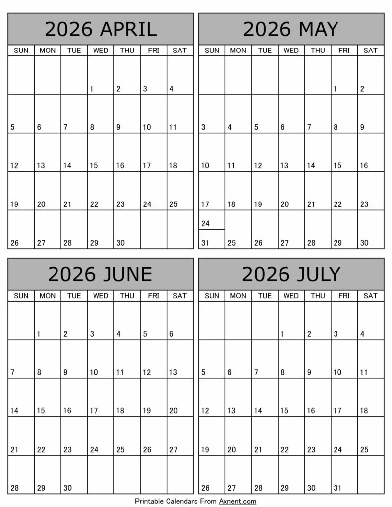 April May June July 2026 Calendar