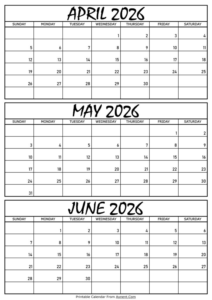 April May and June Calendar 2026