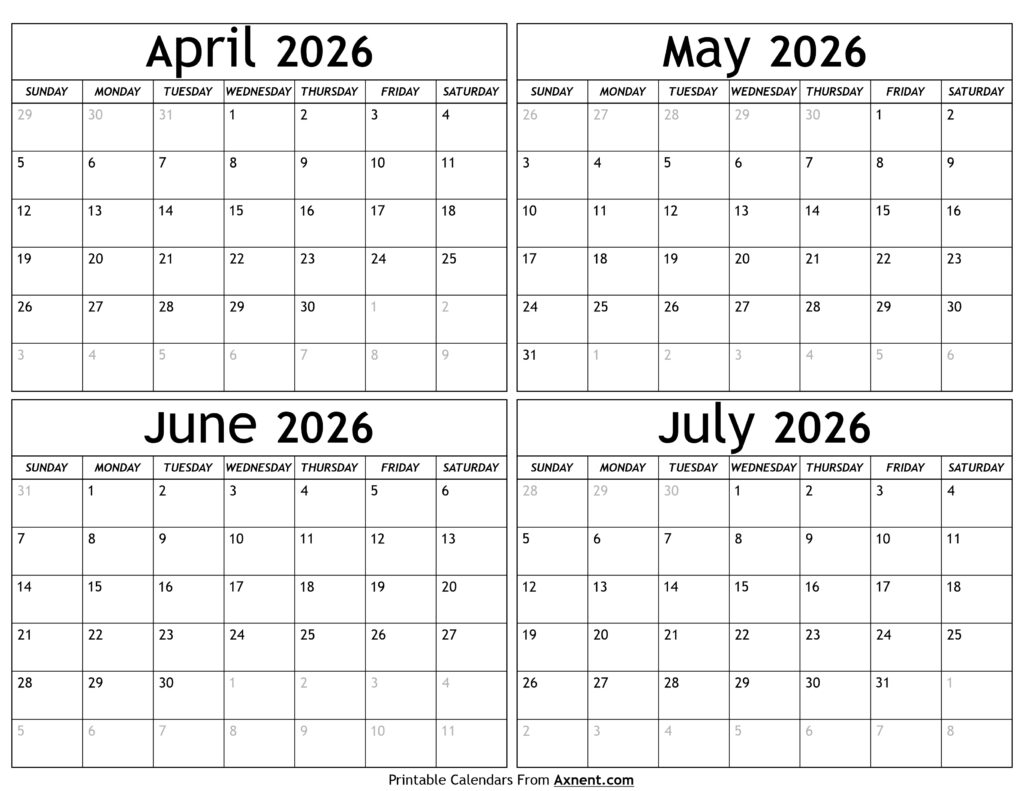 April to July 2026 Calendar