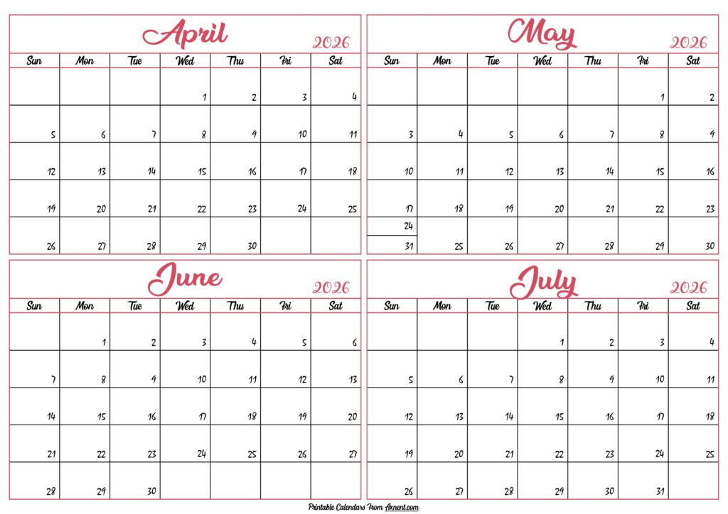 April to July Calendar 2026