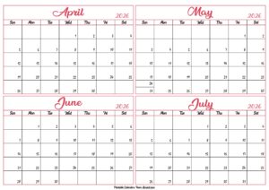 April to July Calendar 2026