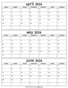 April to June 2026 Calendar