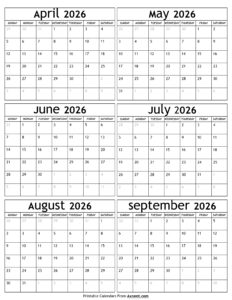 April to September 2026 Calendar