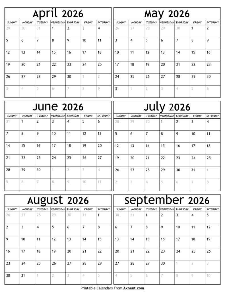 April to September 2026 Calendar