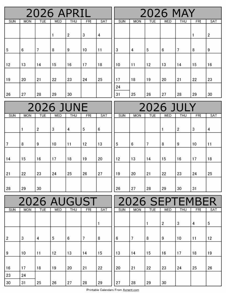 Calendar 2026 April to September