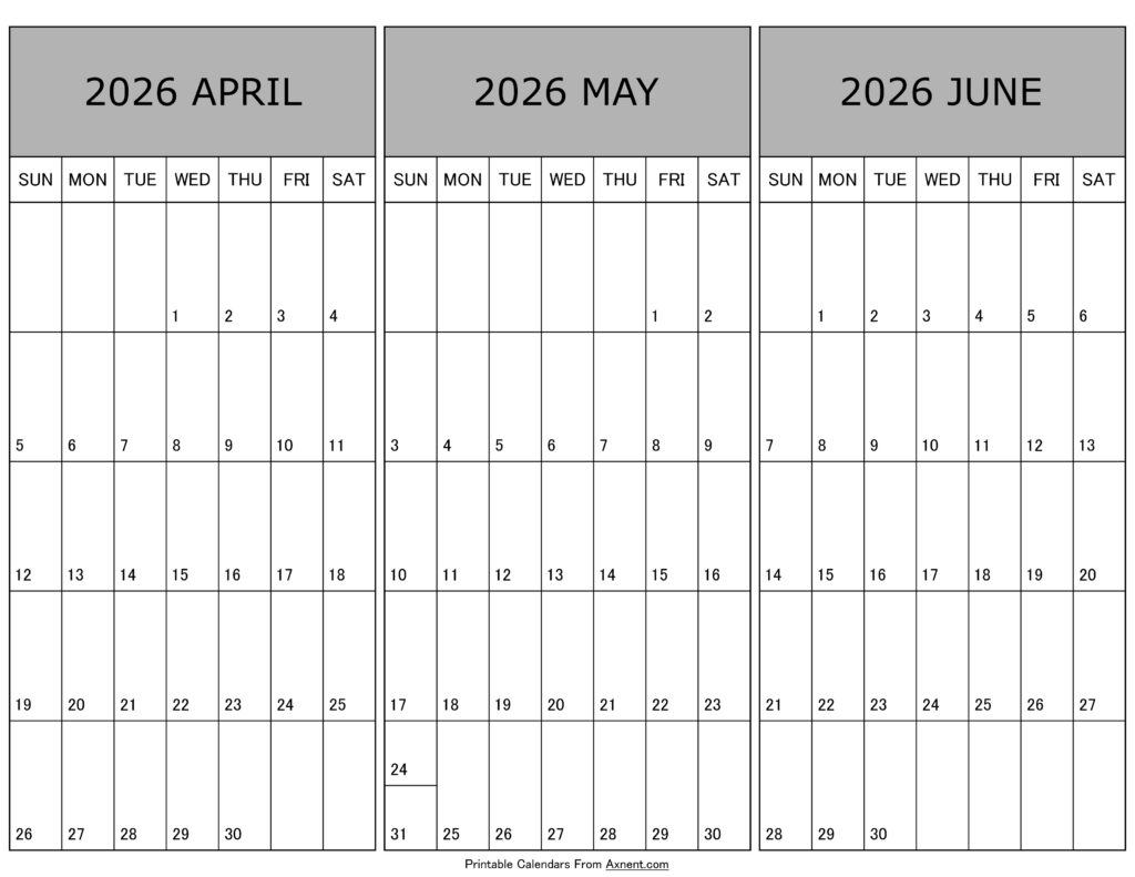 Calendar April May June 2026