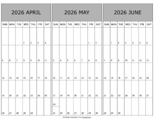 Calendar April May June 2026