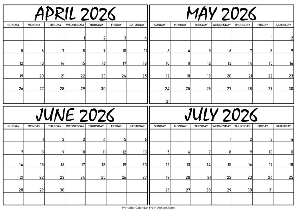 Calendar April to July 2026