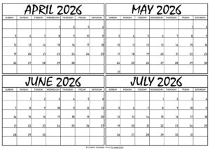 Calendar April to July 2026