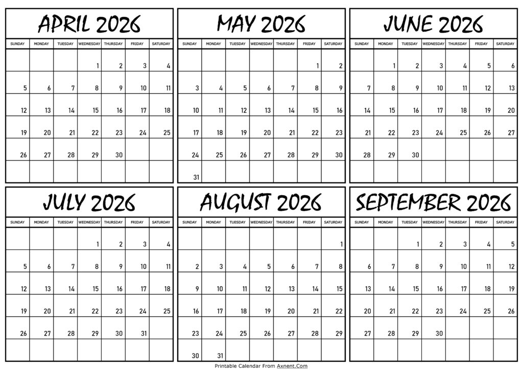 Calendar April to September 2026