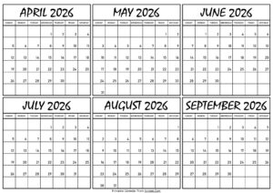 Calendar April to September 2026