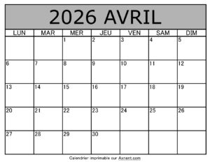 Calendrier À Imprimer Avril 2026