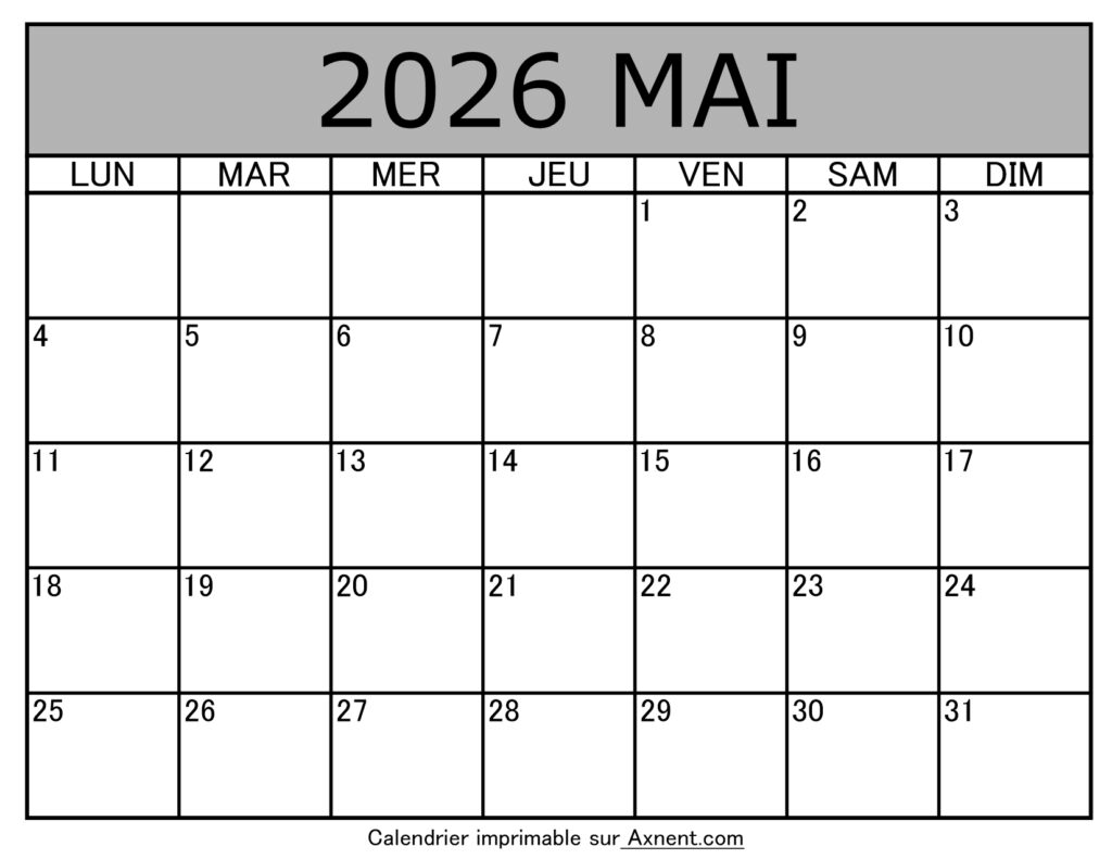 Calendrier À Imprimer Mai 2026