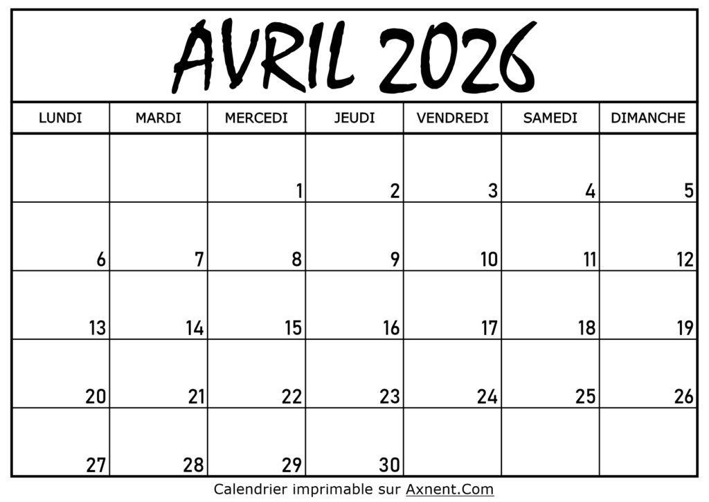 Calendrier Avril 2026 À Imprimer
