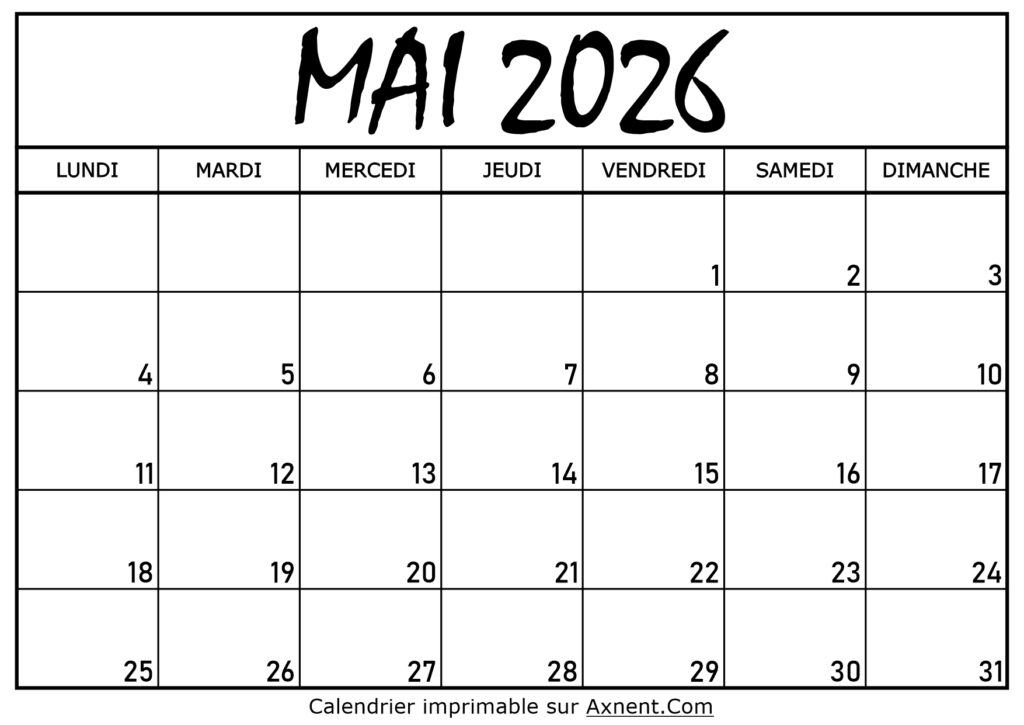 Calendrier Mai 2026 À Imprimer