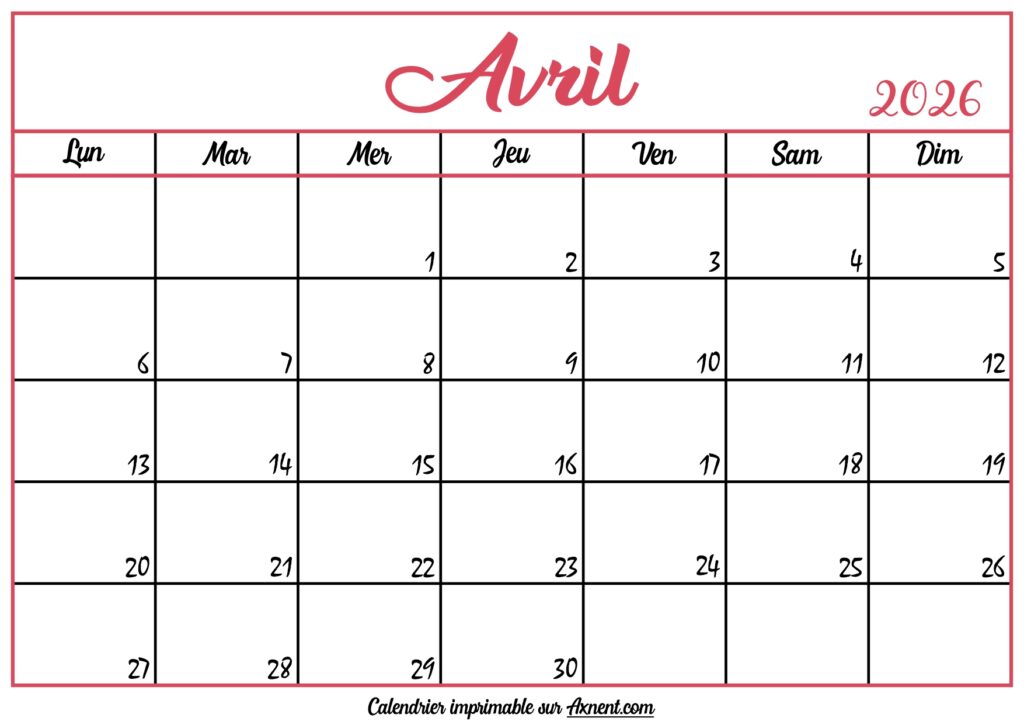 Calendrier Vierge Avril 2026