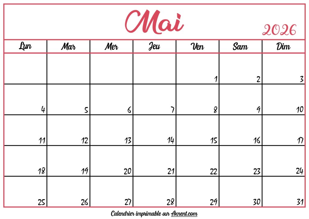 Calendrier Vierge Mai 2026