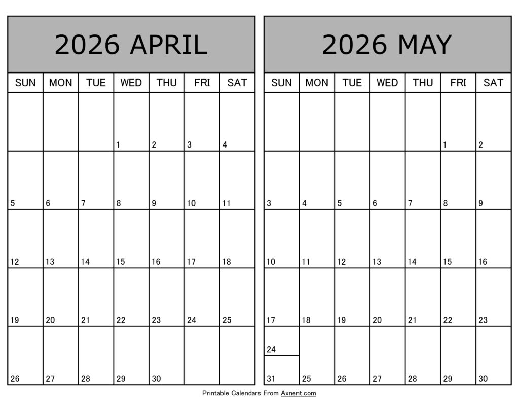 Printable April May 2026 Calendar